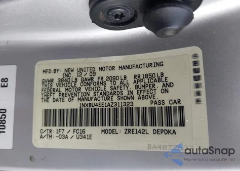 2010 Toyota Corolla Le z USA, uszkodzony, nr VIN 1NXBU4EE1AZ311323